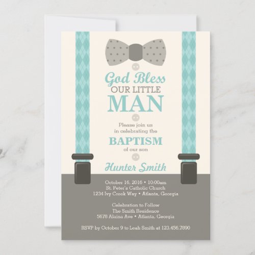 Little Man Baptism Invitation Teal Ivory Tan Invitation