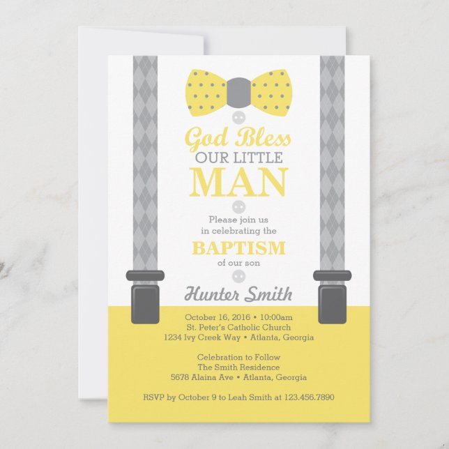 Little Man Baptism Invitation, Yellow, Gray Invitation (Front)