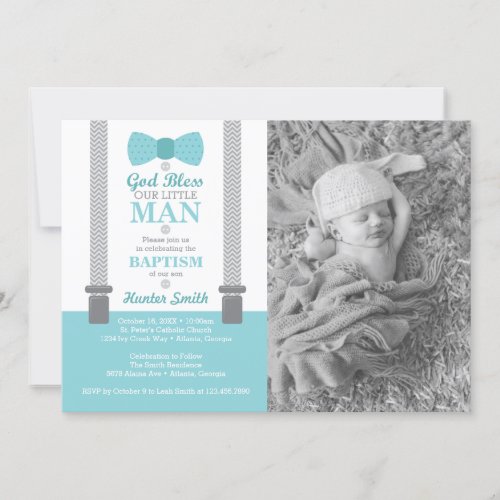 Little Man Baptism Photo Invitation Aqua Gray Invitation