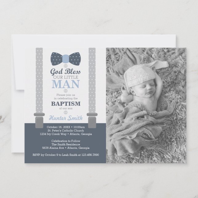 Little Man Baptism Photo Invitation, Blue, Gray Invitation (Front)