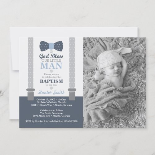 Little Man Baptism Photo Invitation Blue Gray Invitation