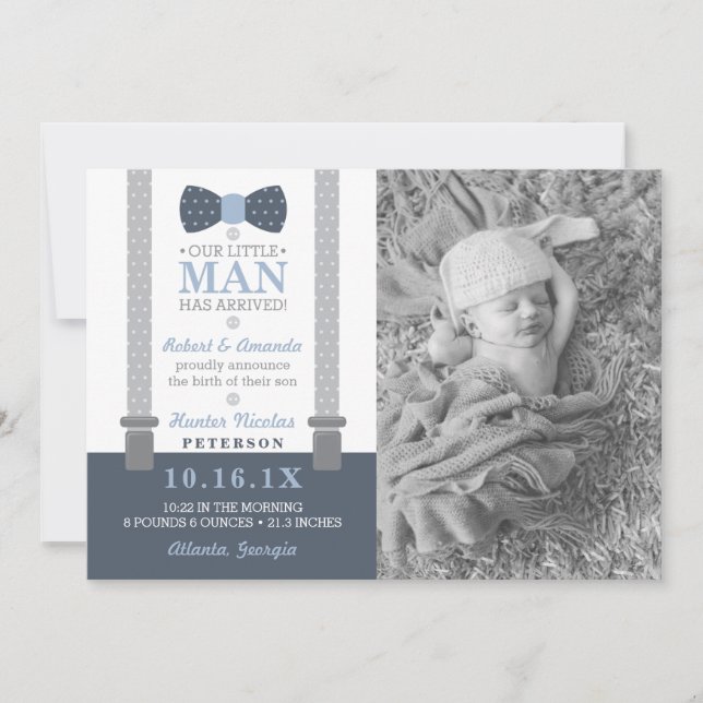 Little Man Birth Announcement, Blue, Gray Announcement (Front)