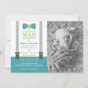 Little Man Birth Announcement, Teal, Green, Gray Announcement