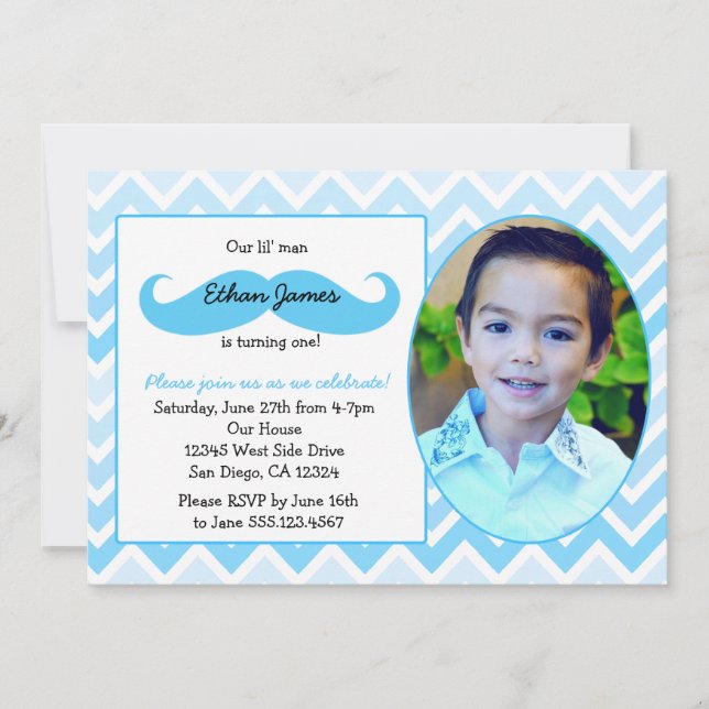 Little Man Birthday First invitation Mustache bash (Front)