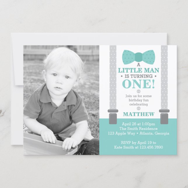 Little Man Birthday Party Invitation with Photo (Front)