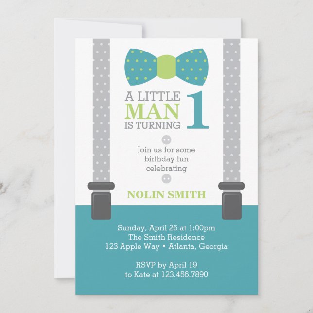 Little Man Birthday Party, Teal, Gray, Green Invitation (Front)