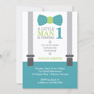 Little Man Birthday Party, Teal, Gray, Green Invitation