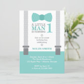 Little Man Birthday Party, Teal, Gray, Invitation (Standing Front)