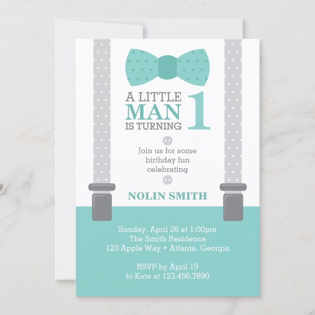Little Man Birthday Party, Teal, Gray, Invitation (Front)