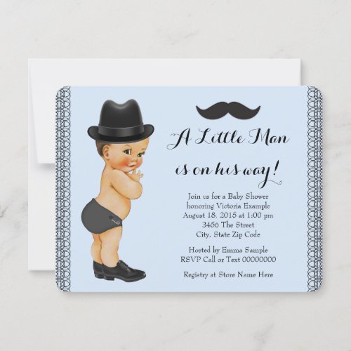 Little Man Black and Blue Mustache Baby Shower Invitation