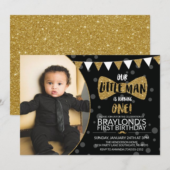 Little Man Black and Gold Photo Invitation (Front/Back)