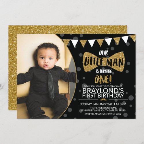 Little Man Black and Gold Photo Invitation