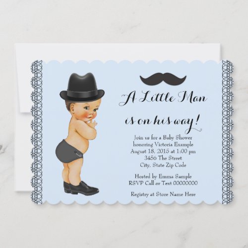Little Man Blue and Black Mustache Baby Shower Invitation