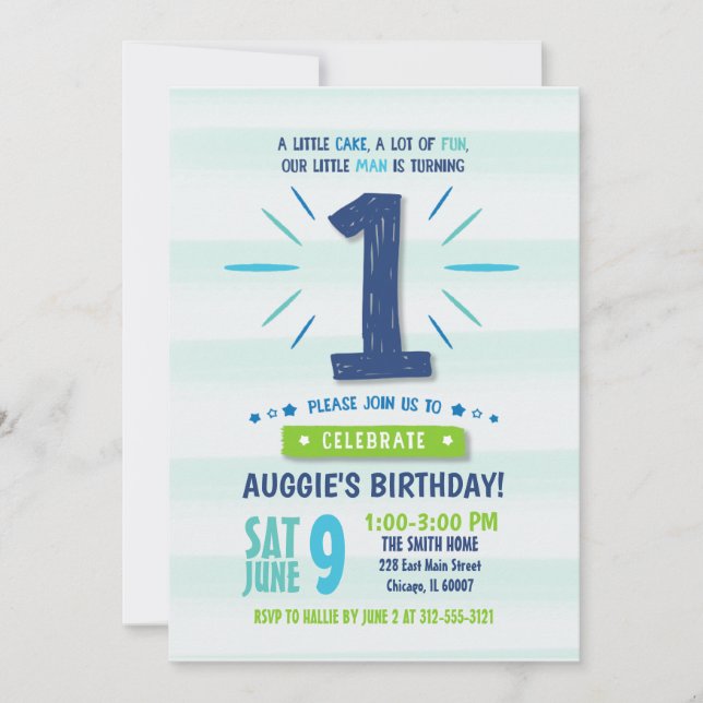 Little Man Blue and Green 1st Birthday Invitation (Front)