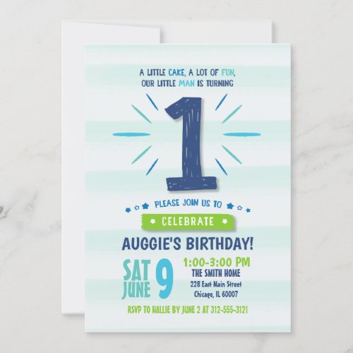 Little Man Blue and Green 1st Birthday Invitation