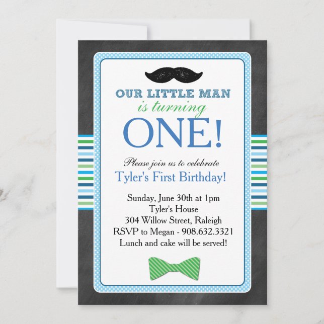 Little Man Bow Tie and Mustache Birthday (Blue) Invitation (Front)