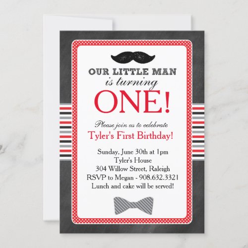 Little Man Bow Tie and Mustache Birthday Red Invitation