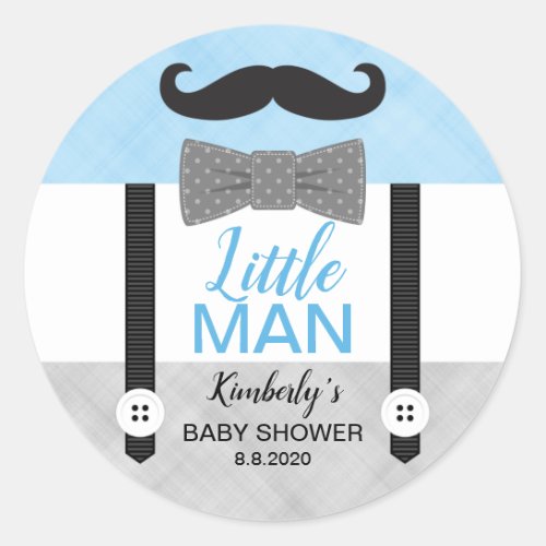 Little man bow tie baby blue gray boy baby shower classic round sticker