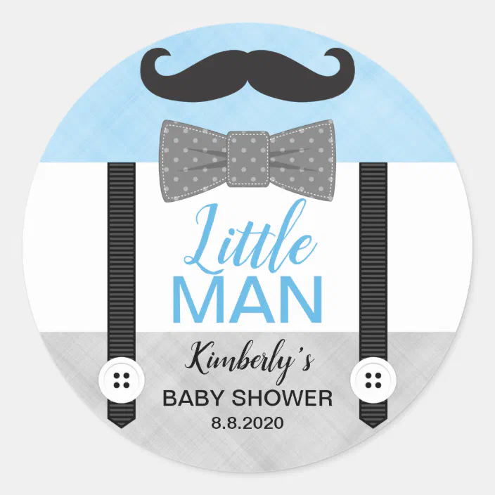 Little Man Bow Tie Baby Blue Gray Boy Baby Shower Classic Round Sticker Zazzle Com