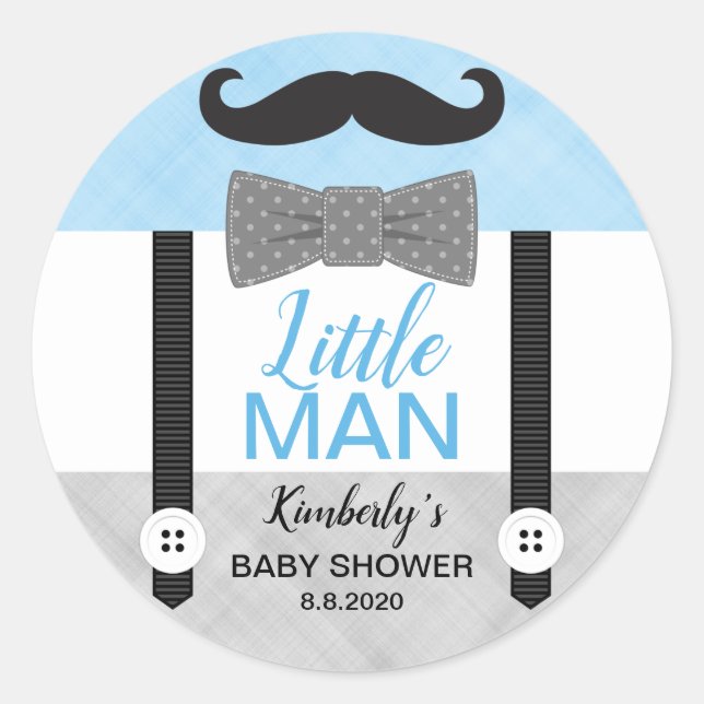 Little man bow tie baby blue gray boy baby shower classic round sticker (Front)