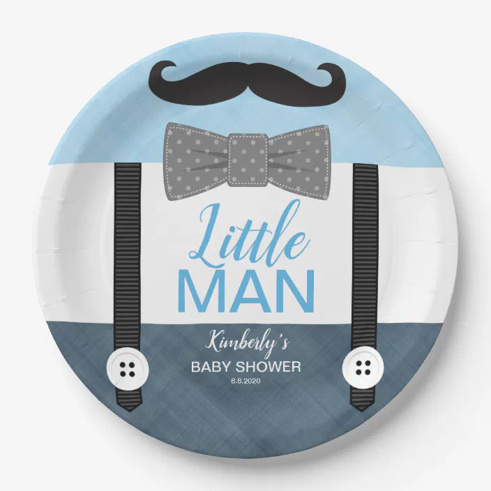 Little Man Bow Tie Baby Blue Navy Boy Baby Shower Paper Plate Zazzle Com