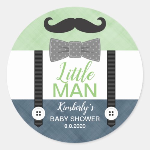 Little man bow tie green navy blue boy baby shower classic round sticker