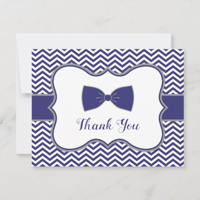 Little Man Bow Tie Navy Gray Baby Shower Thank You Card (Front)