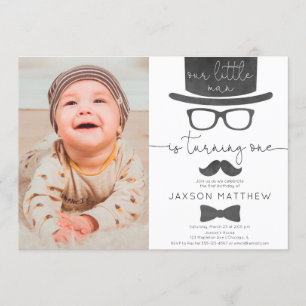 Little Man boy 1st birthday party photo Invitation