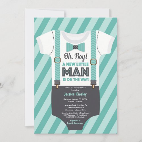 Little Man Boy Baby Shower Grey Teal Turquoise Invitation