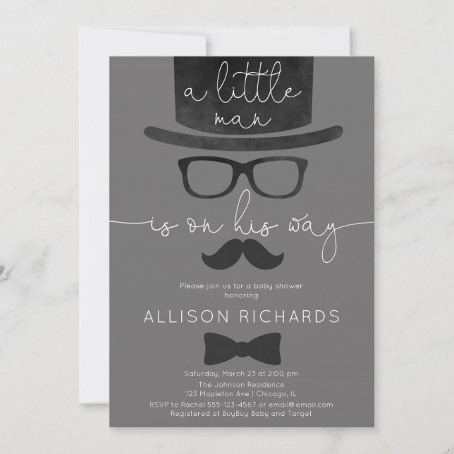 Little man boy baby shower grey white modern invitation (Front)