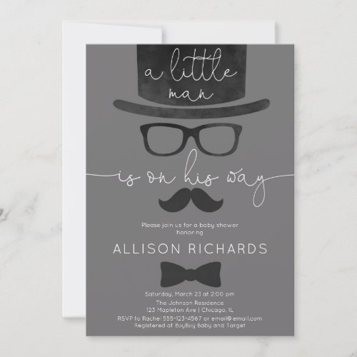 Little man boy baby shower grey white modern invitation