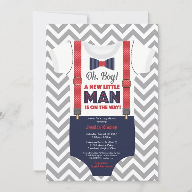 Little Man Boy Baby Shower, Navy Blue and Red Invitation (Front)