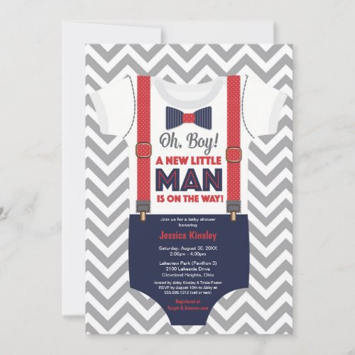 Little Man Boy Baby Shower Navy Blue and Red Invitation