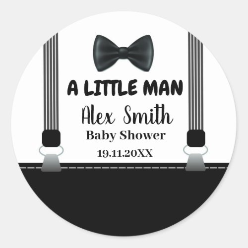 Little Man Boy Black Grey Bow Tie baby shower Classic Round Sticker