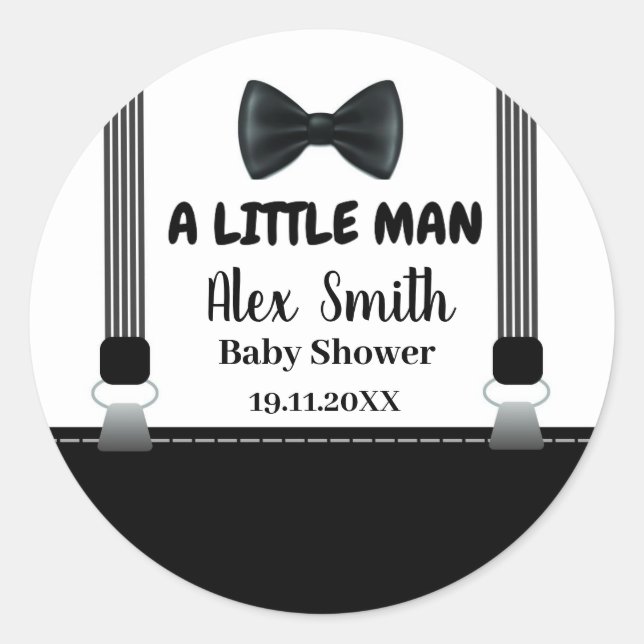 Little Man Boy Black Grey Bow Tie baby shower Classic Round Sticker (Front)