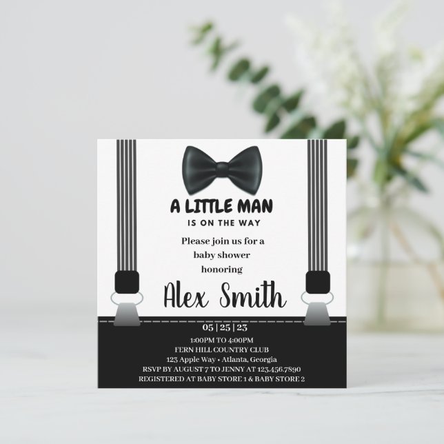 Little Man Boy Black Grey Bow Tie baby shower Invitation (Standing Front)