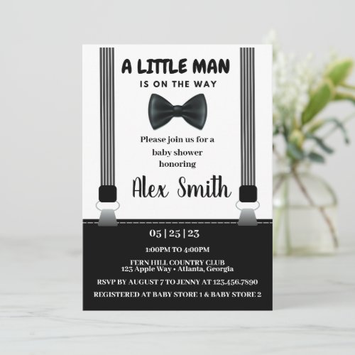 Little Man Boy Black Grey Bow Tie baby shower Invitation