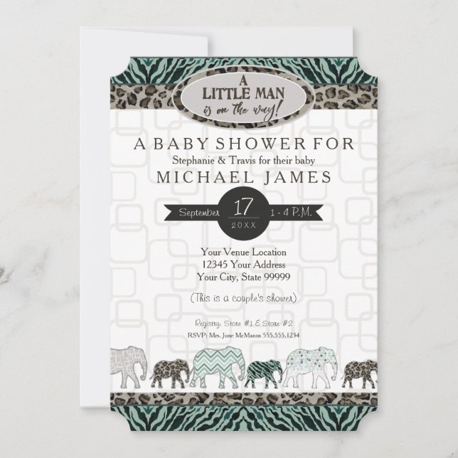 Little Man Boy Safari Elephants Zebra Baby Shower Invitation (Front)