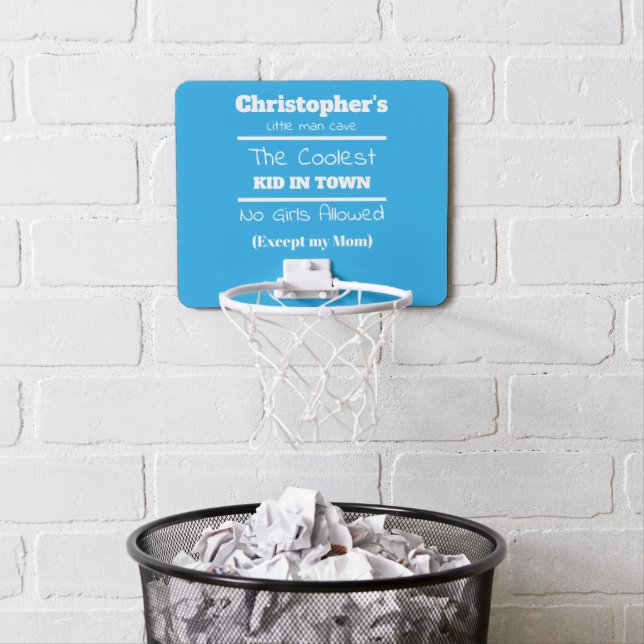Little man cave coolest kid blue and white mini basketball hoop (In Situ)