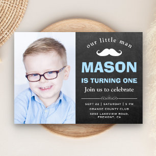 Little Man Chalkboard Mustache 1st Birthday Party Invitation