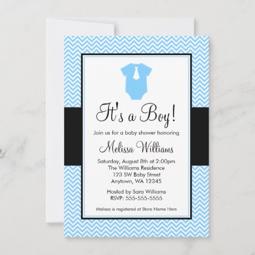 Little Man Chevron Blue Black Baby Shower Invitation