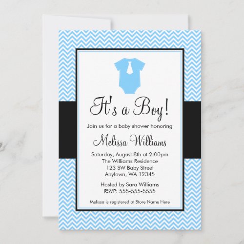 Little Man Chevron Blue Black Baby Shower Invitation