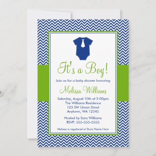 Little Man Chevron Blue Green Baby Shower Invitation