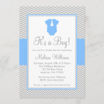 Little Man Chevron Gray Blue Baby Shower Invitation