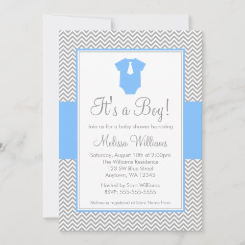 Little Man Chevron Gray Blue Baby Shower Invitation