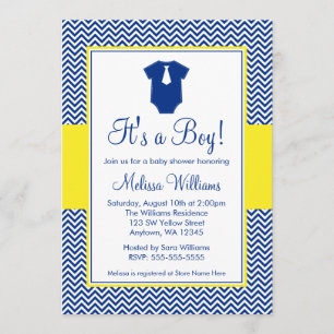 Little Man Chevron Navy Blue Yellow Baby Shower Invitation