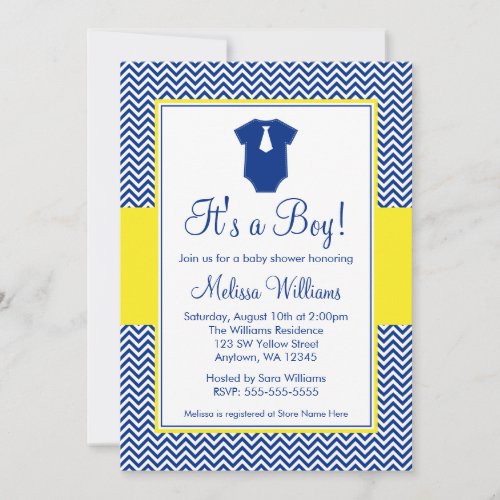 Little Man Chevron Navy Blue Yellow Baby Shower Invitation