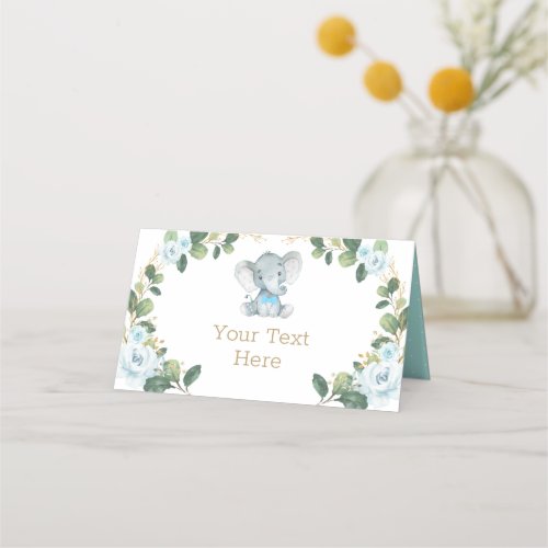 Little Man Elephant Blue Floral Greenery Gold Baby Place Card