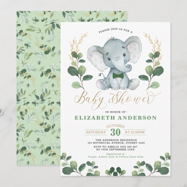 Little Man Elephant Greenery Gold Boy Baby Shower Invitation (Front/Back)