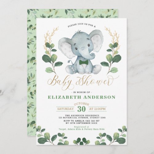 Little Man Elephant Greenery Gold Boy Baby Shower Invitation
